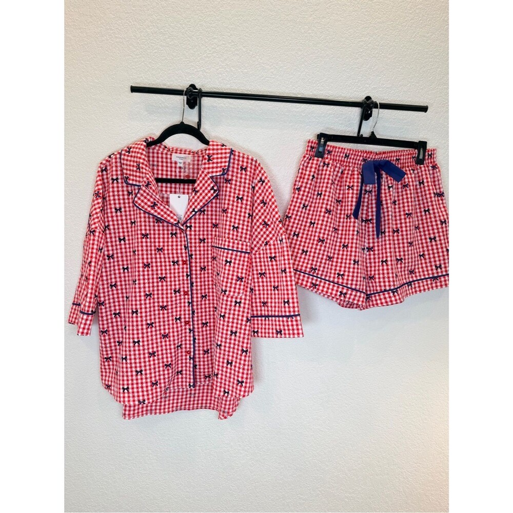 Anniewear USA Bow Print Gingham Pajama Short Set NWT! in Red/White/Blue sz Large